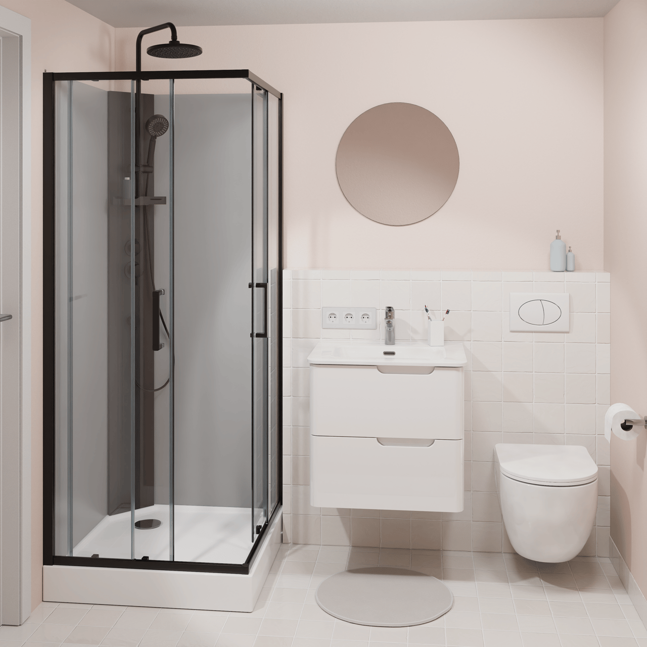 Linie Salta cabine de douche avec portes coulissantes 80 x 80 cm verre transparent profil noir avec robinet