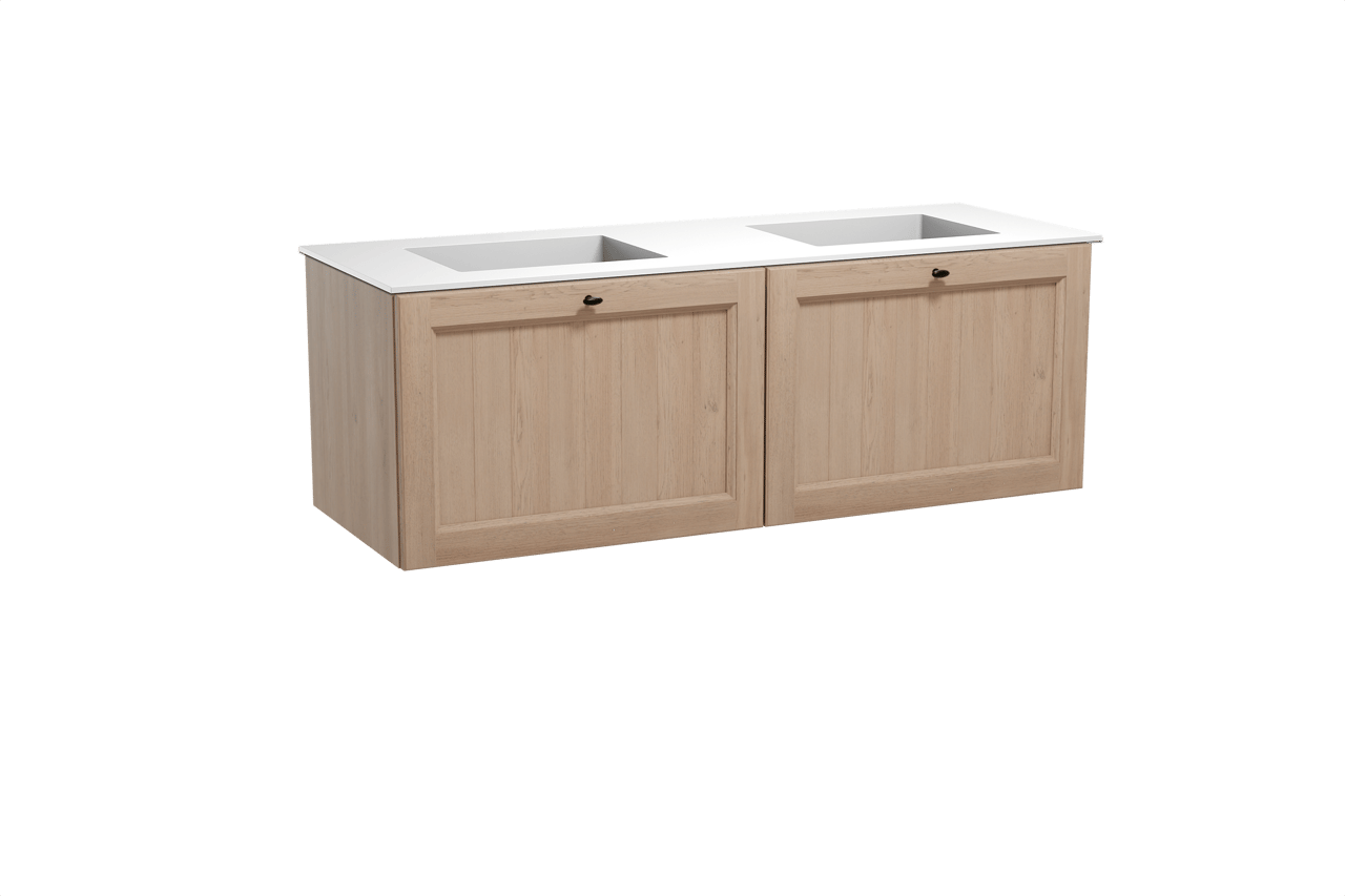 Balmani Lemon zwevend badkamermeubel 150 x 55 cm verweerde eik met Tablo Stretto dubbele wastafel in solid surface mat wit