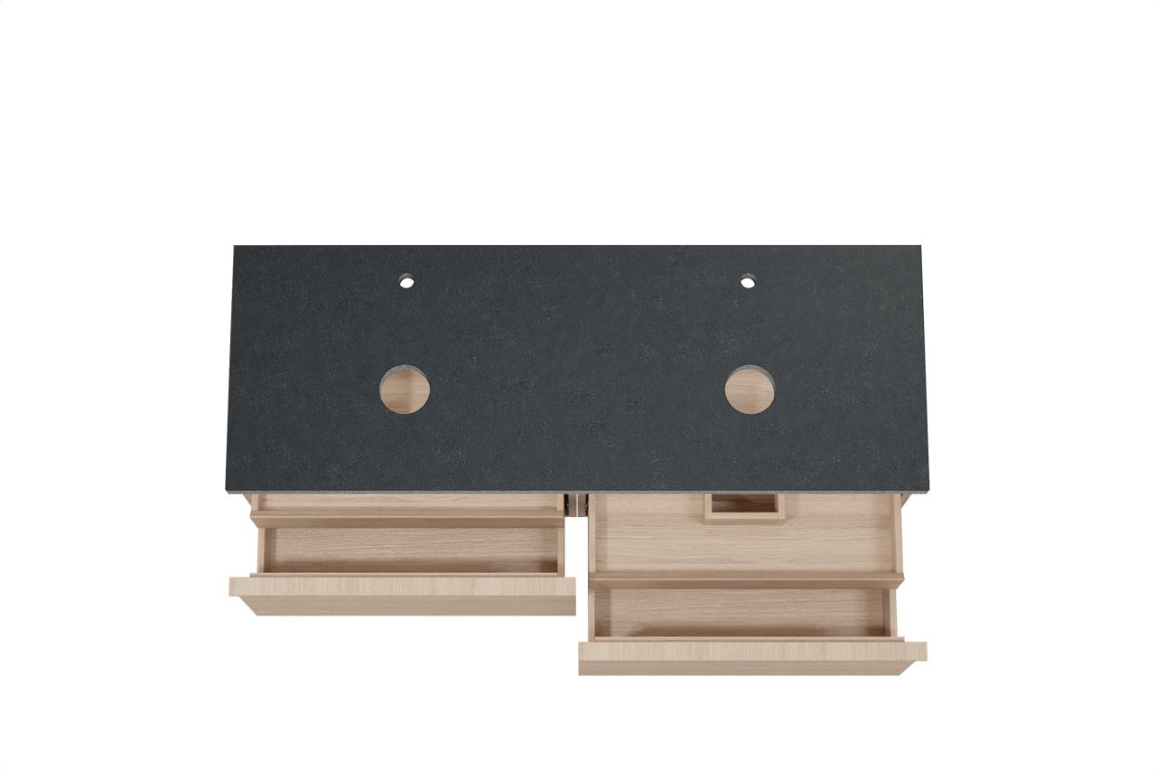 Balmani Forma hängendes Möbelstück Set: 150 x 55 cm, Naturbelassene Eiche, mit Rock Doppel Waschtischplatte, Granit, Schwarzes Granit, Horizontale symmetrische gerade Rippe