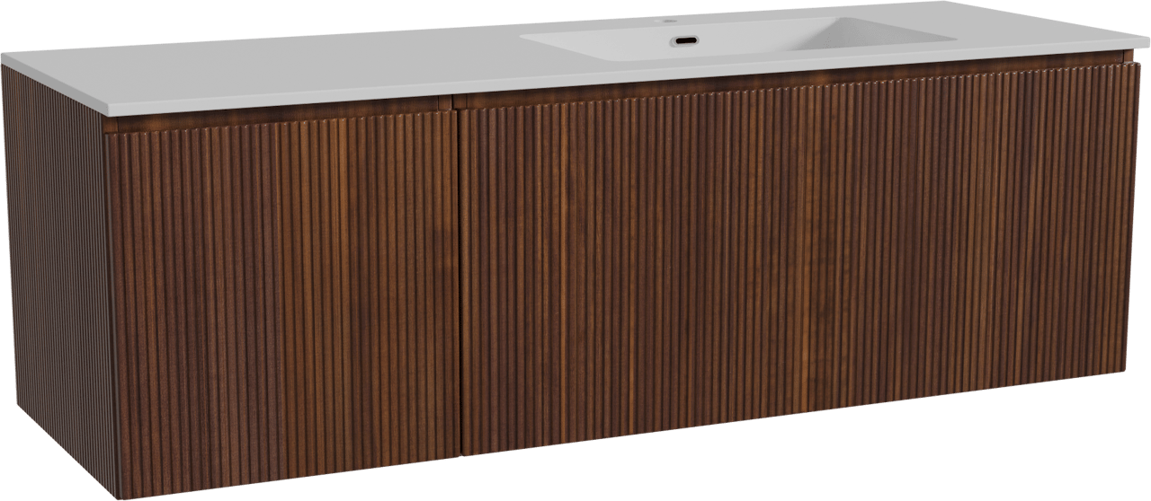 Storke Ribs zwevend badmeubel 150 x 52 cm notenhout met Diva asymmetrisch rechtse wastafel in composietmarmer hoogglans wit, Verticale symmetrische rechte ribbel