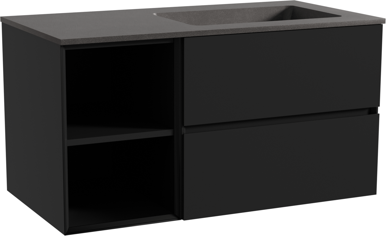 Storke Edge zwevend badmeubel 100 x 52 cm mat zwart met Scuro asymmetrisch rechtse wastafel in kwarts mat zwart