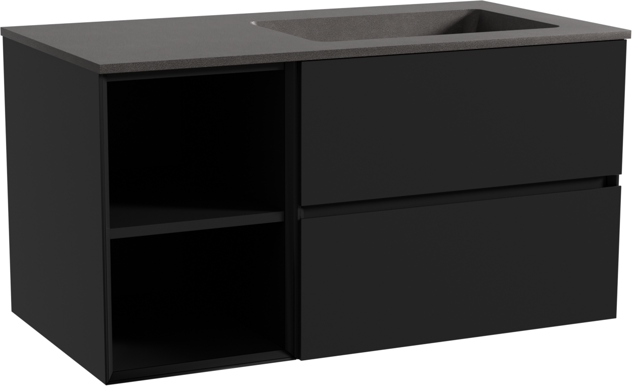 Storke Edge meuble salle de bains suspendu 100 x 52 cm noir mat avec Scuro plan vasque asymétrique à droite en quartz noir mat