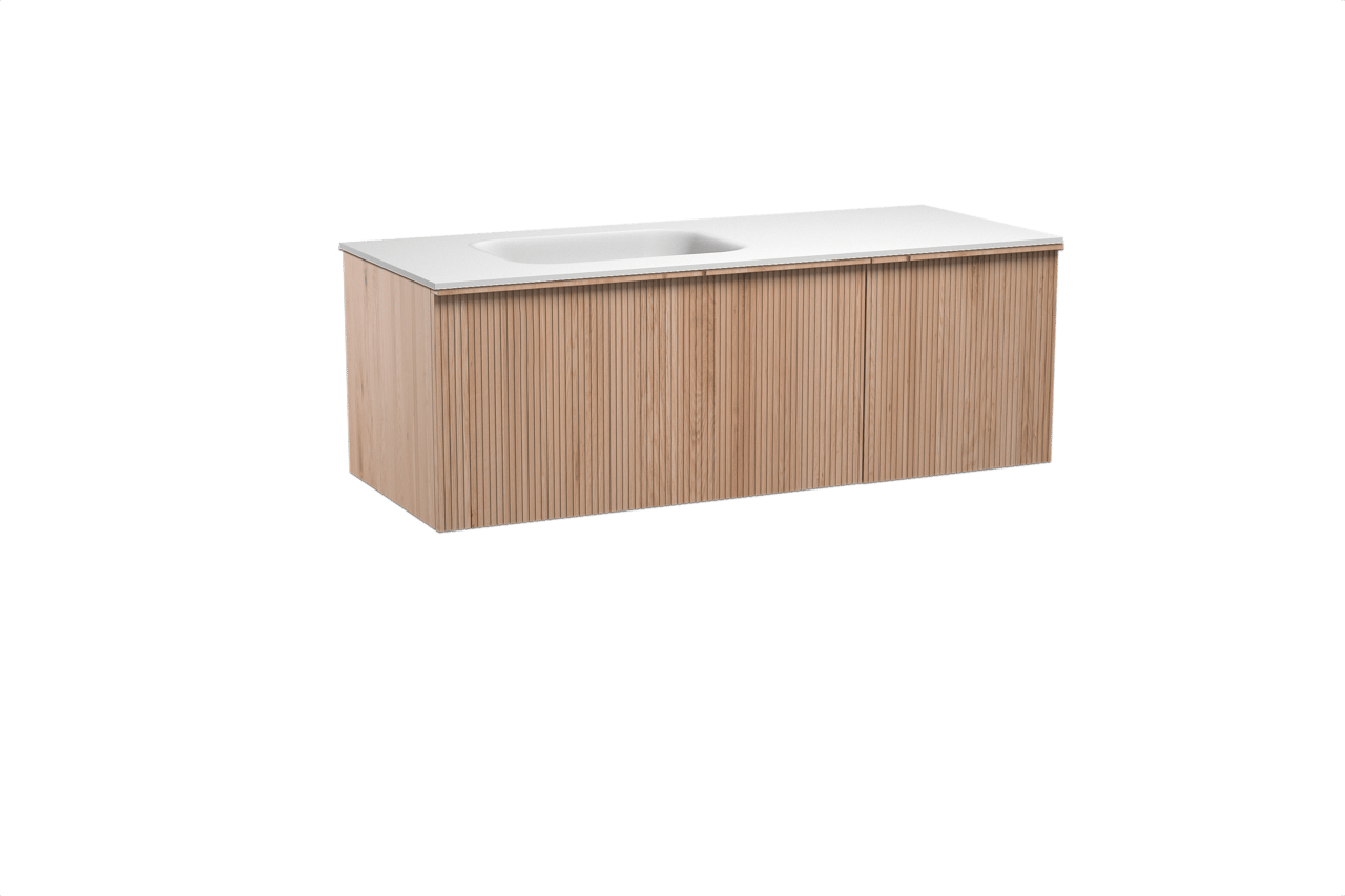 Balmani Forma hängendes Möbelstück Set: 135 x 55 cm, Naturbelassene Eiche, mit Tablo Arcato Waschtisch links, Solid Surface, Weiß matt, Vertikale symmetrische gerade Rippe