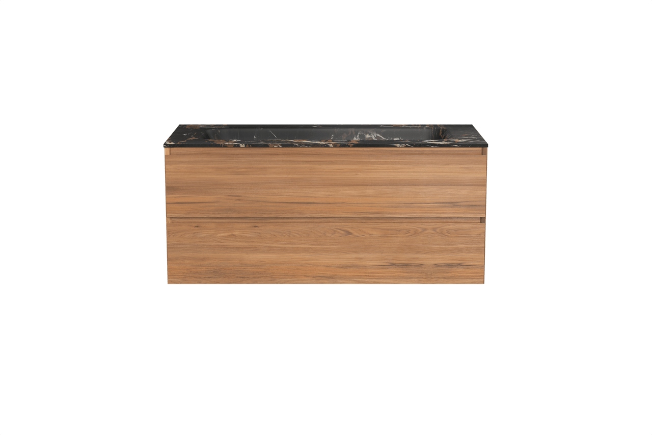 Balmani Mitra meuble salle de bains suspendu 120 x 55 cm teck avec Tablo Arcato lavabo simple pour 2 trous de robinet en marbre portoro gold