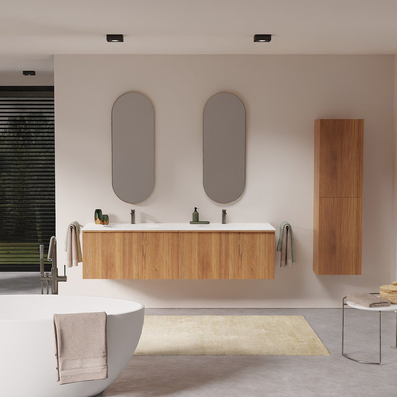 Balmani Forma meuble salle de bains suspendu 180 x 55 cm teck avec Tablo Oval double vasque en solid surface blanc mat, Nervure droite symétrique verticale