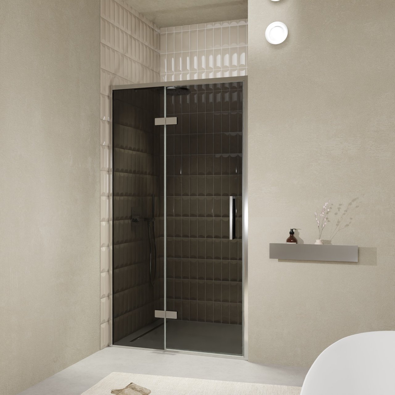 Balmani Senses Design Dusche Drehtür, Links, 120 cm x 210 cm, Rauchglas, Profil Chrom, inklusive Coating