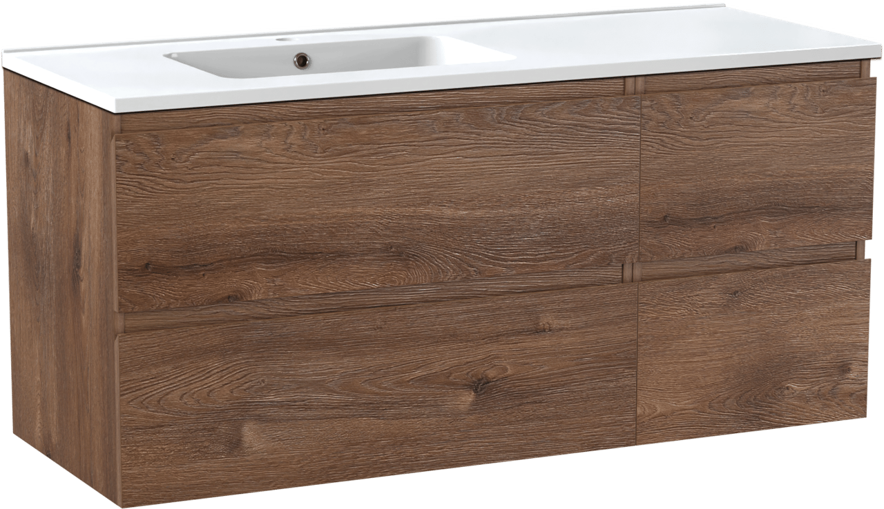Linie Lado zwevend badmeubel 120 x 46 cm bruin eiken met Vano asymmetrisch linkse wastafel in composietmarmer hoogglans wit