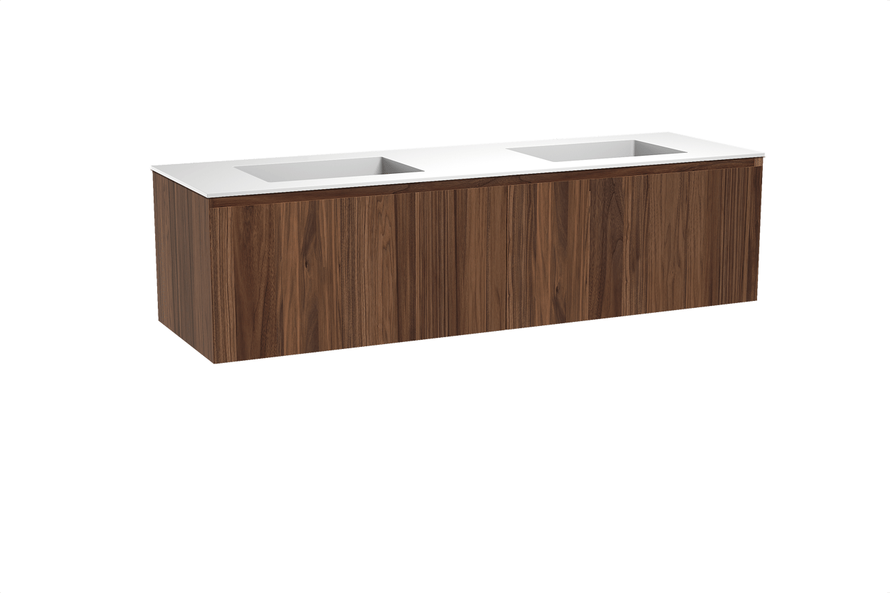 Balmani Idra zwevend badkamermeubel 180 x 55 cm notelaar met Tablo Stretto dubbele wastafel in solid surface mat wit