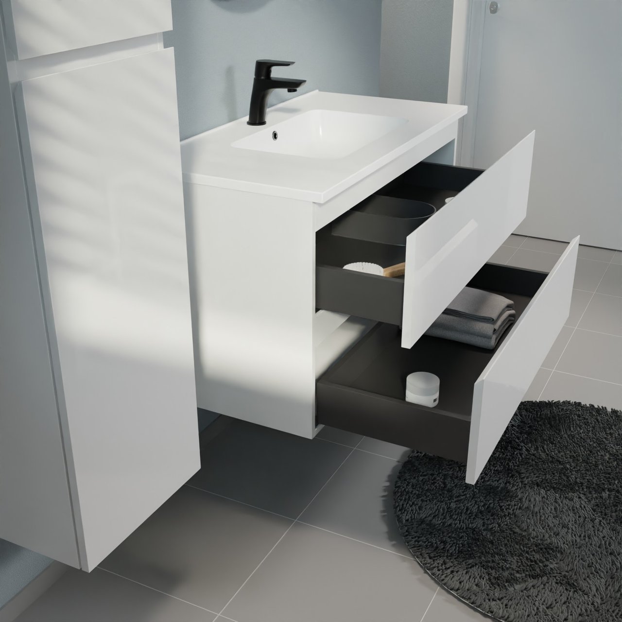 Linie Lado meuble salle de bains suspendu 90 x 46 cm blanc brillant avec Vano plan simple en marbre composite blanc mat