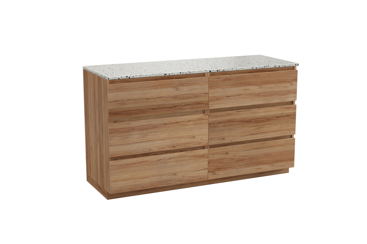 Balmani Lucida freistehendes Möbelstück Set: 150 x 55 cm, Teak, mit Stretto Einzel- oder Doppel Waschtischplatte, Terrazzo in Weiß/Schwarz matt