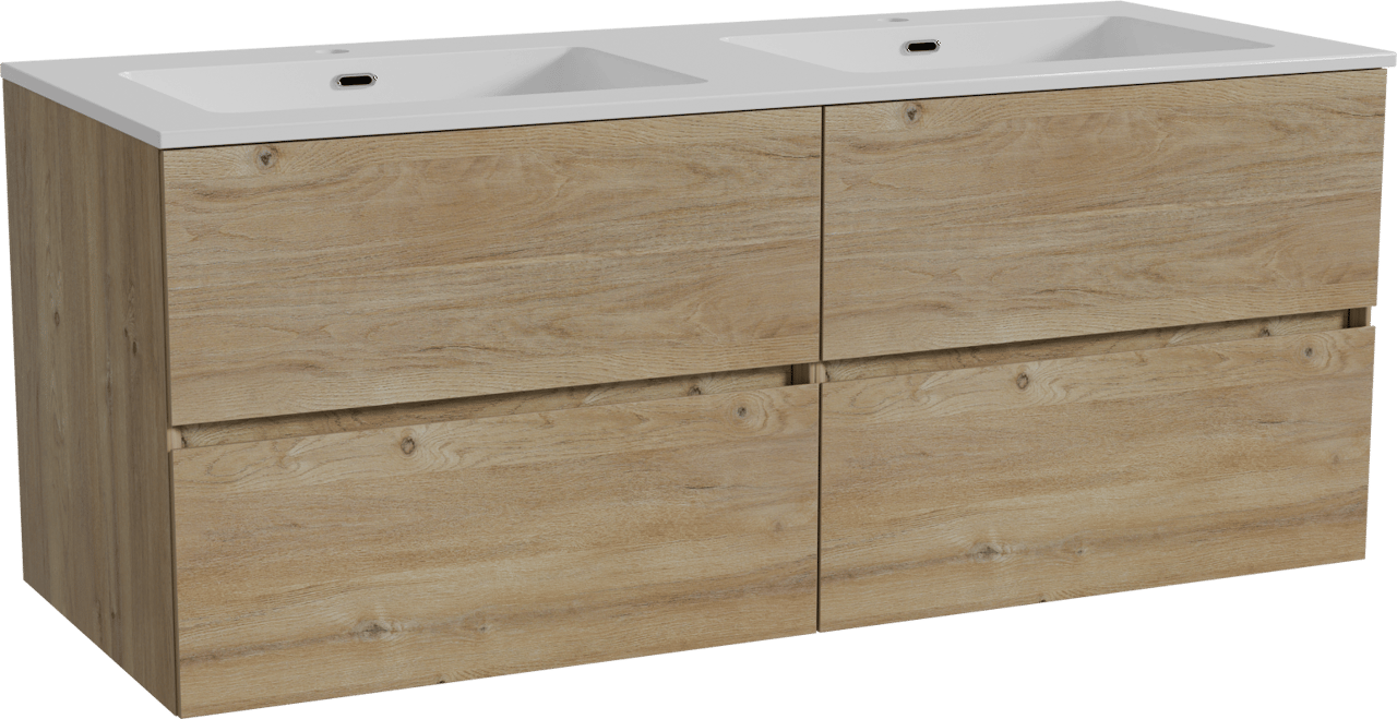 Storke Edge zwevend badmeubel 130 x 52 cm ruw eiken met Diva dubbele wastafel in composietmarmer hoogglans wit