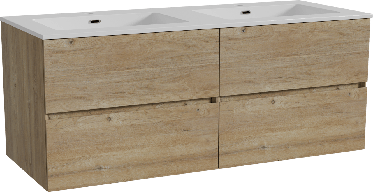 Storke Edge zwevend badmeubel 130 x 52 cm ruw eiken met Diva dubbele wastafel in composietmarmer hoogglans wit