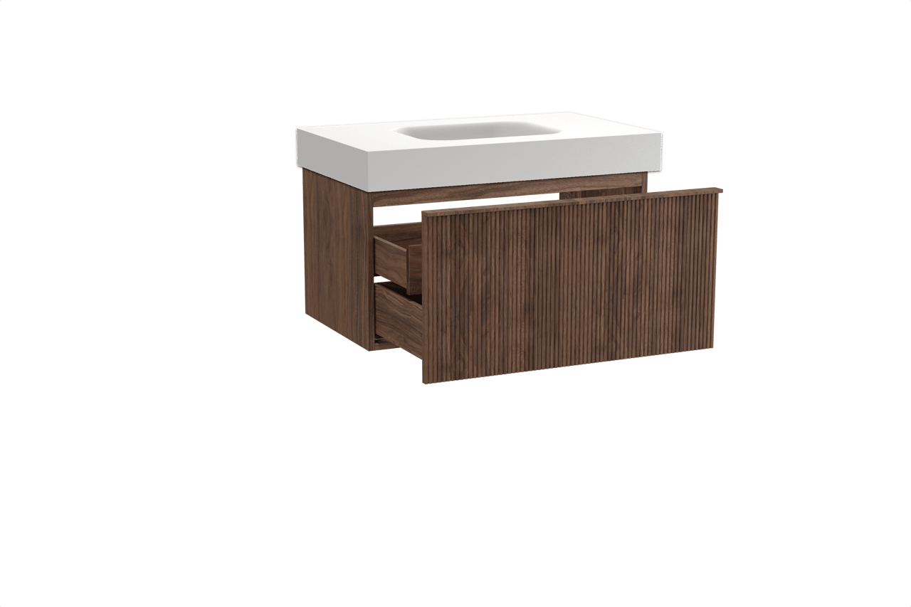 Balmani Forma meuble salle de bains suspendu 90 x 55 cm noyer américain avec Arcato plan simple en solid surface blanc mat, Nervure droite symétrique verticale