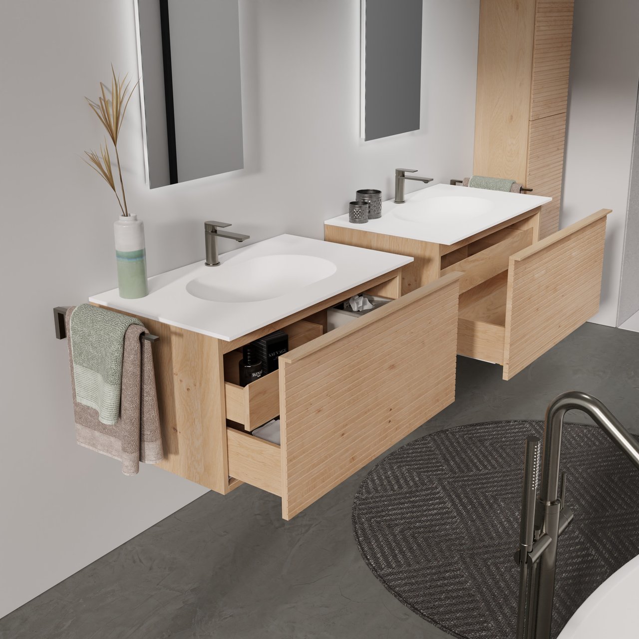 Balmani Forma zwevend badkamermeubel 90 x 55 cm natuur eik met Tablo Oval enkele wastafel in solid surface mat wit, Horizontale symmetrische rechte ribbel