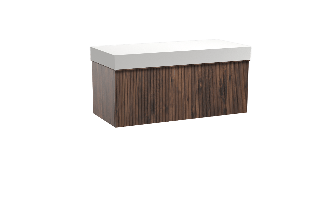 Balmani Forma hängendes Möbelstück Set: 120 x 55 cm, Amerikanischer Nussbaum, mit Dominus Einzel- oder Doppel Waschtischplatte, Solid Surface, Weiß matt, Vertikale symmetrische gerade Rippe