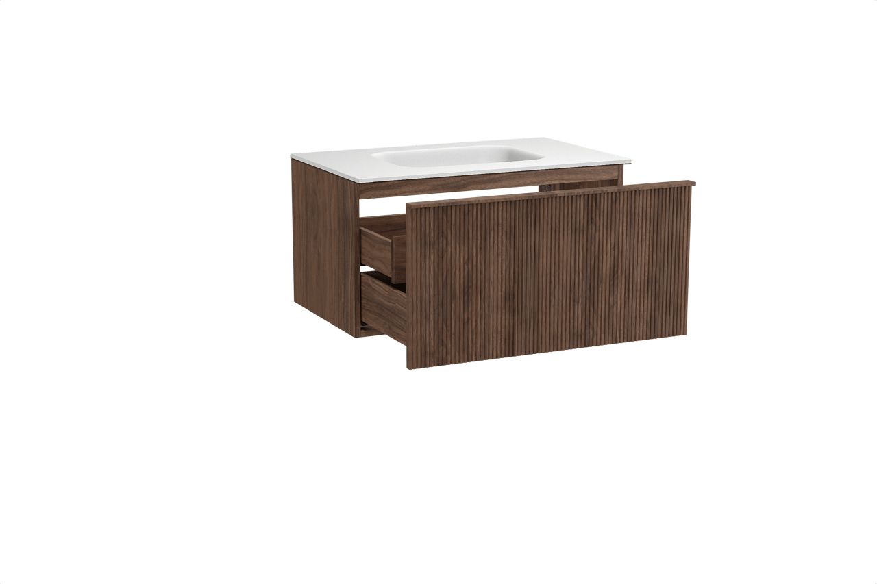 Balmani Forma hängendes Möbelstück Set: 90 x 55 cm, Amerikanischer Nussbaum, mit Tablo Arcato Einzelwaschtisch, Solid Surface, Weiß matt, Vertikale symmetrische gerade Rippe