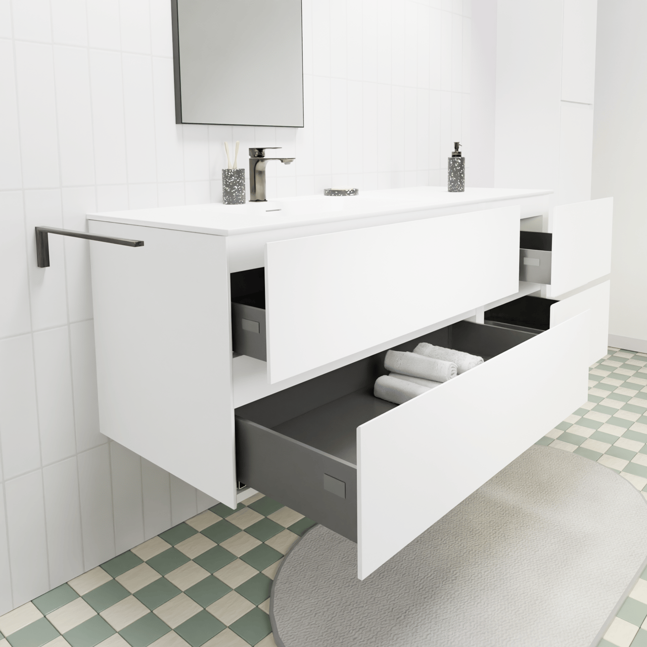 Storke Edge hängendes Möbelstück Set: 140 x 52 cm, Weiß matt, mit Mata Waschtisch links, Solid Surface Weiß matt