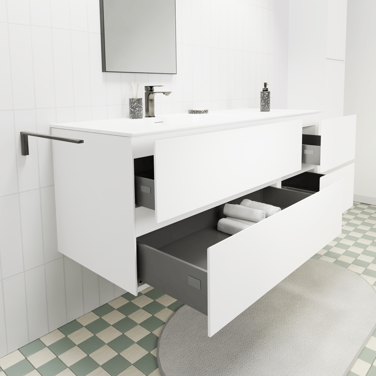 Storke Edge meuble salle de bains suspendu 140 x 52 cm blanc mat avec Mata plan vasque asymétrique à gauche en solid surface blanc mat