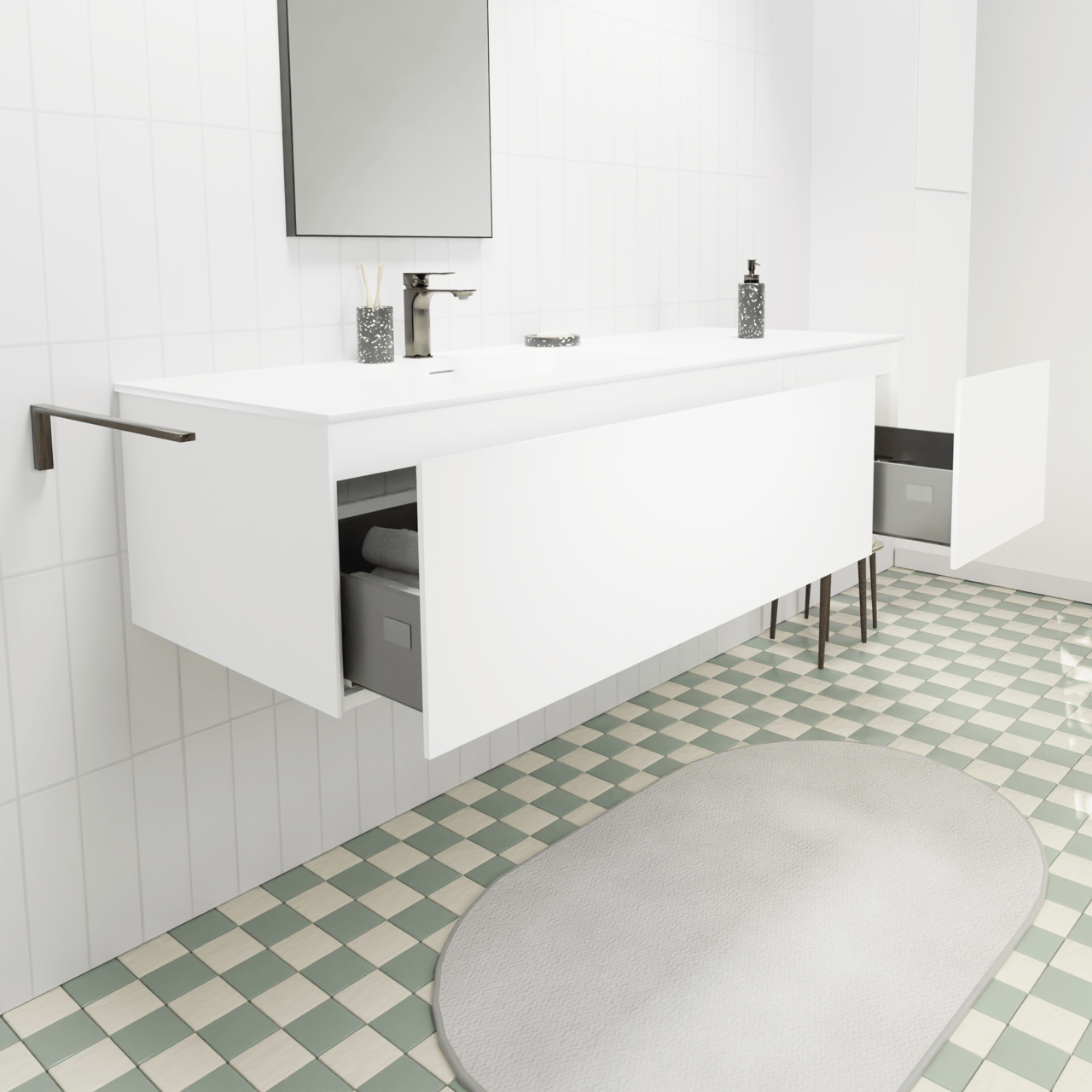 Storke Edge zwevend badkamermeubel 150 x 52 cm mat wit met Mata asymmetrisch linkse wastafel in solid surface mat wit