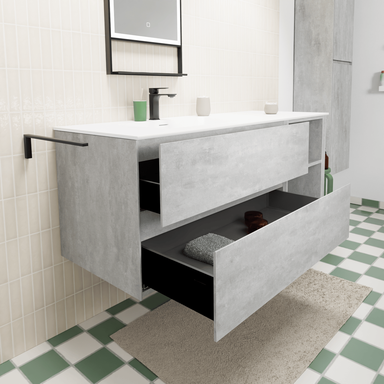 Storke Edge hängendes Möbelstück Set: 140 x 52 cm, Beton dunkelgrau, mit Mata Waschtisch links, Solid Surface Weiß matt