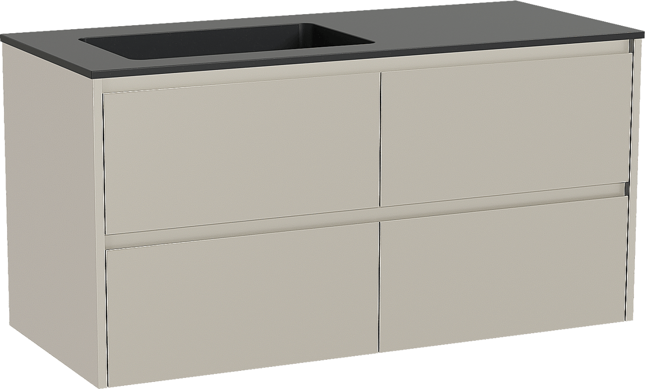 Storke Seda zwevend badkamermeubel 120 x 52 cm zijdegrijs met Scuro asymmetrisch linkse wastafel in kwarts mat zwart