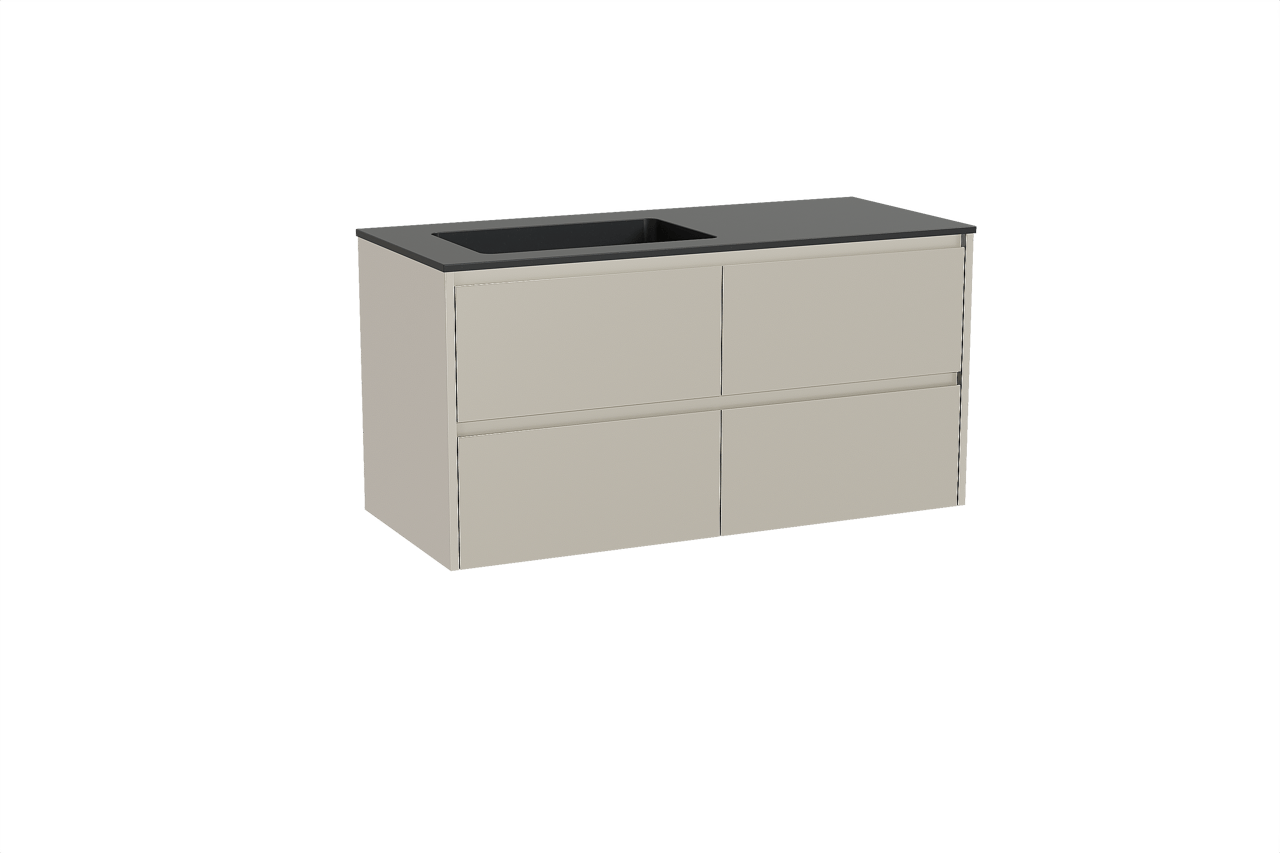 Storke Seda meuble salle de bains suspendu 120 x 52 cm soie grise avec Scuro plan vasque asymétrique à gauche en quartz noir mat