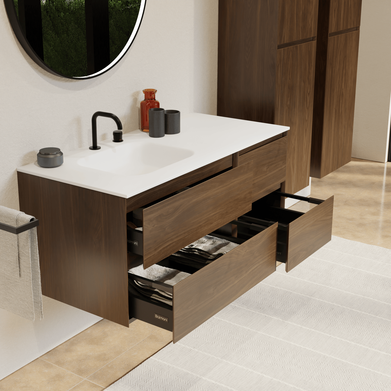 Balmani Mitra hängendes Möbelstück Set: 120 x 55 cm, Amerikanischer Nussbaum, mit Tablo Arcato Waschtisch links, Solid Surface Weiß matt