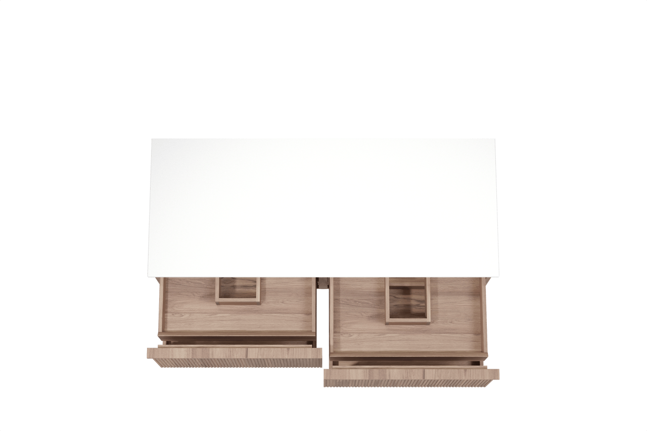 Balmani Forma hängendes Möbelstück Set: 135 x 55 cm, Teak, mit Stretto Einzel- oder Doppel Waschtischplatte, Solid Surface, Weiß matt, Vertikale symmetrische gerade Rippe