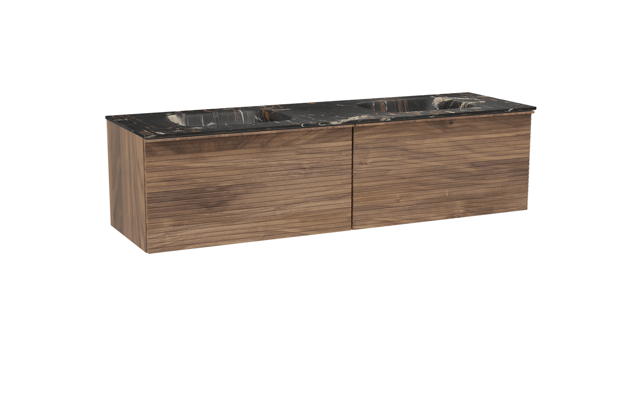 Balmani Forma meuble salle de bains suspendu 180 x 55 cm noyer américain avec Tablo Arcato double vasque en marbre portoro gold, Nervure droite symétrique horizontale