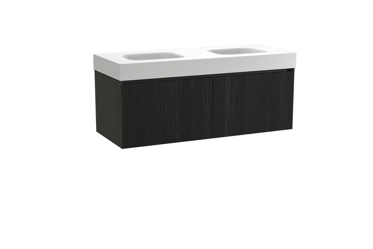 Balmani Fila meuble salle de bains suspendu 135 x 55 cm chêne noir avec Arcato double vasque en solid surface blanc mat, Nervure droite symétrique verticale