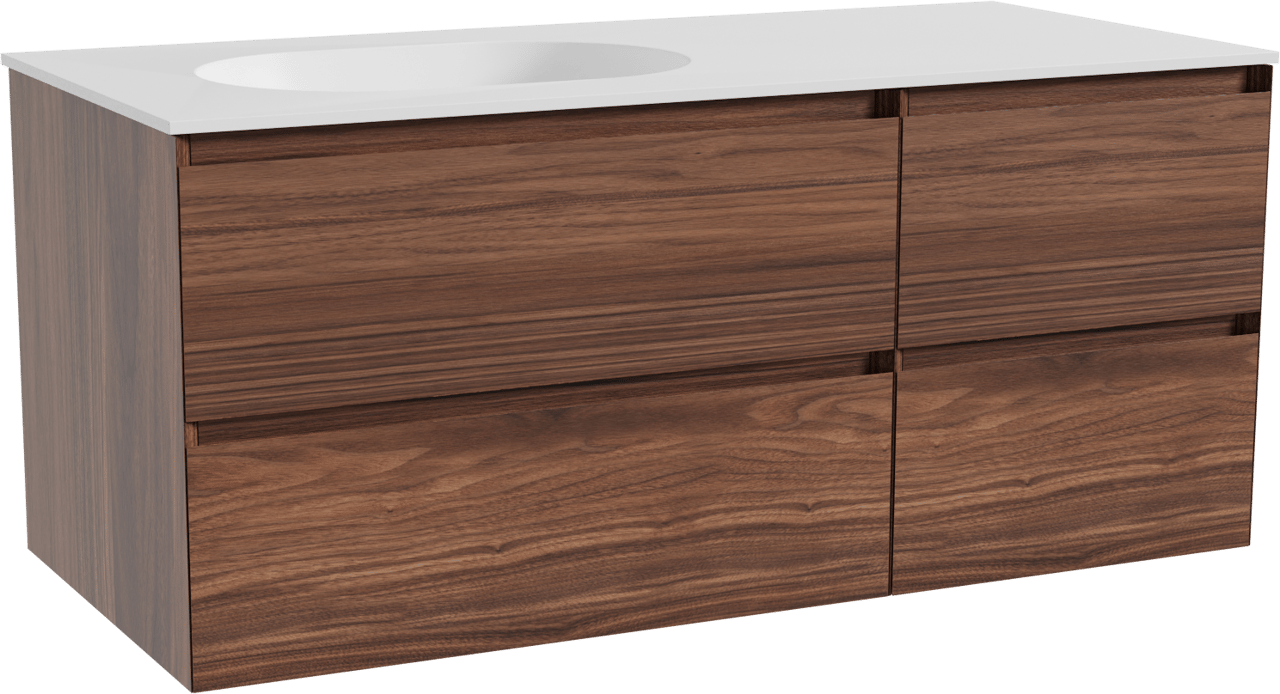 Balmani Mitra hängendes Möbelstück Set: 120 x 55 cm, Nussbaum, mit Tablo Oval Waschtisch links, Solid Surface Weiß matt