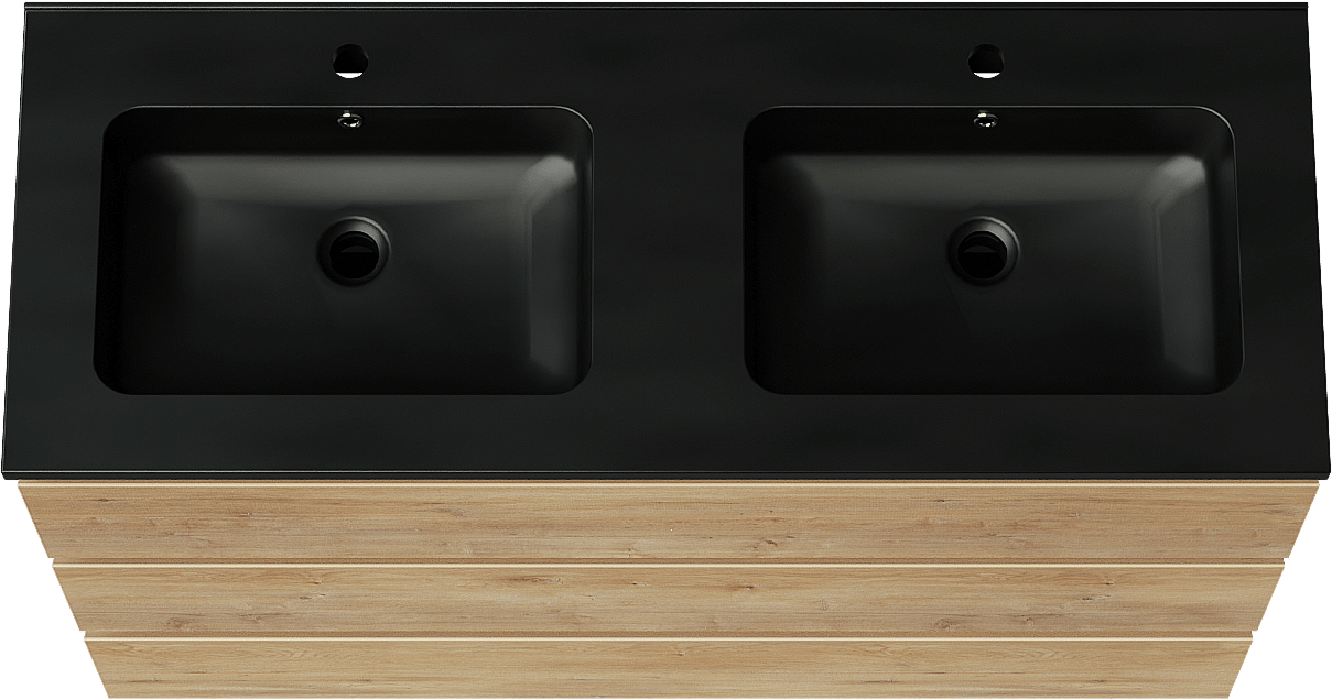 Linie Lado freistehendes Möbelstück Set: 120 x 46 cm, Naturbelassene Eiche, mit Vano Doppelwaschtisch, Marmorkomposit Schwarz matt