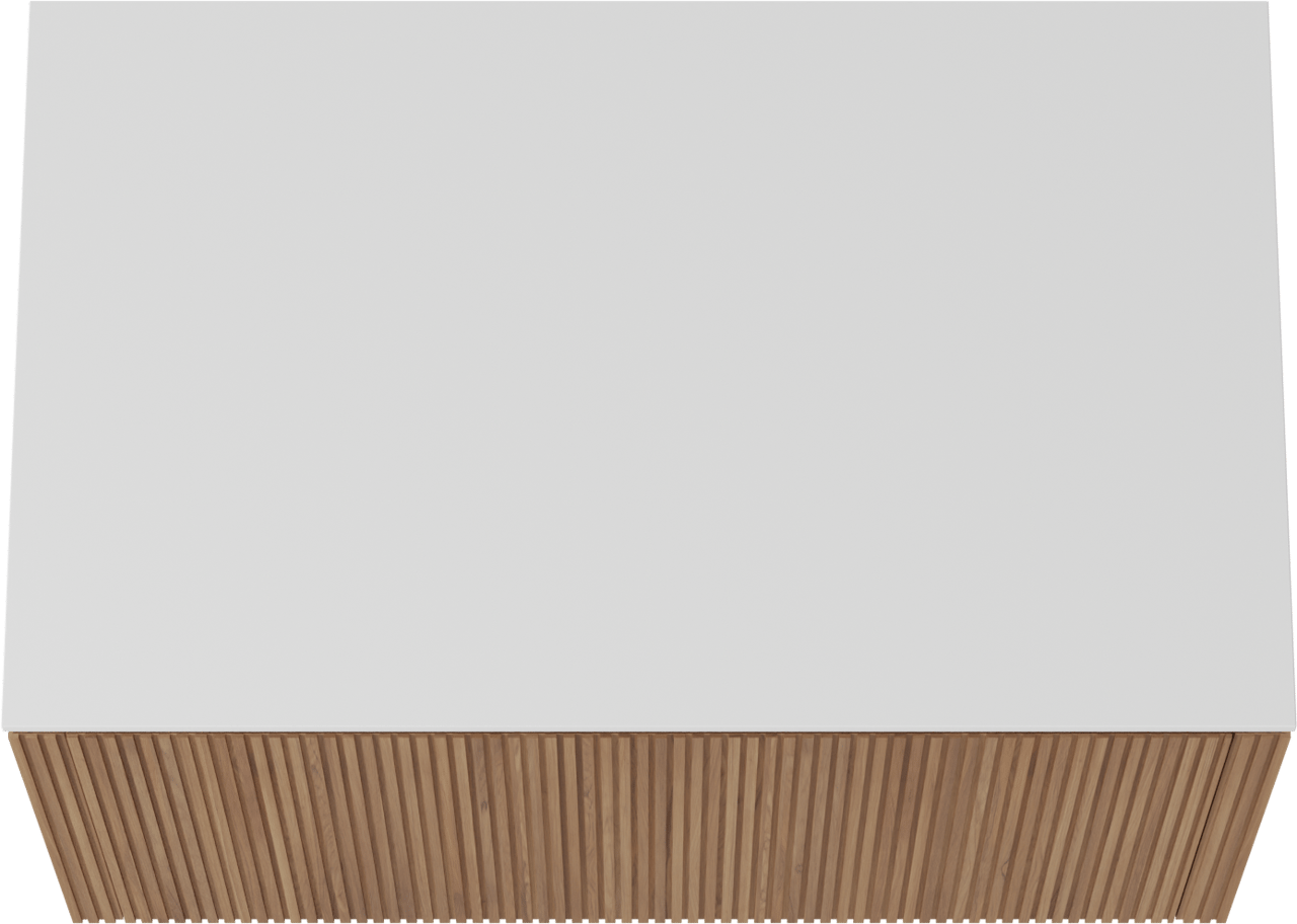 Balmani Eclips meuble salle de bains suspendu 90 x 55 cm Teck avec Stretto tablette simple en Solid Surface blanc mat, Nervure droite symétrique verticale