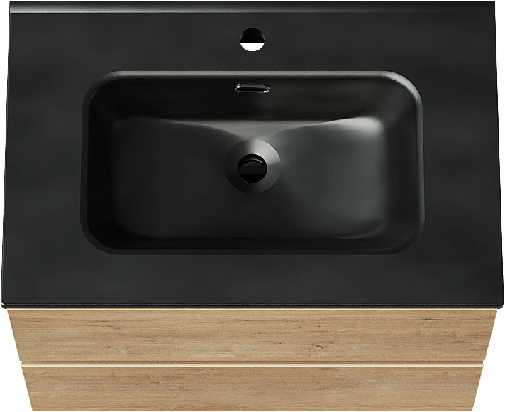 Linie Lado hängendes Möbelstück Set: 70 x 46 cm, Naturbelassene Eiche, mit Baro Einzelwaschtisch, Porzellan Schwarz matt