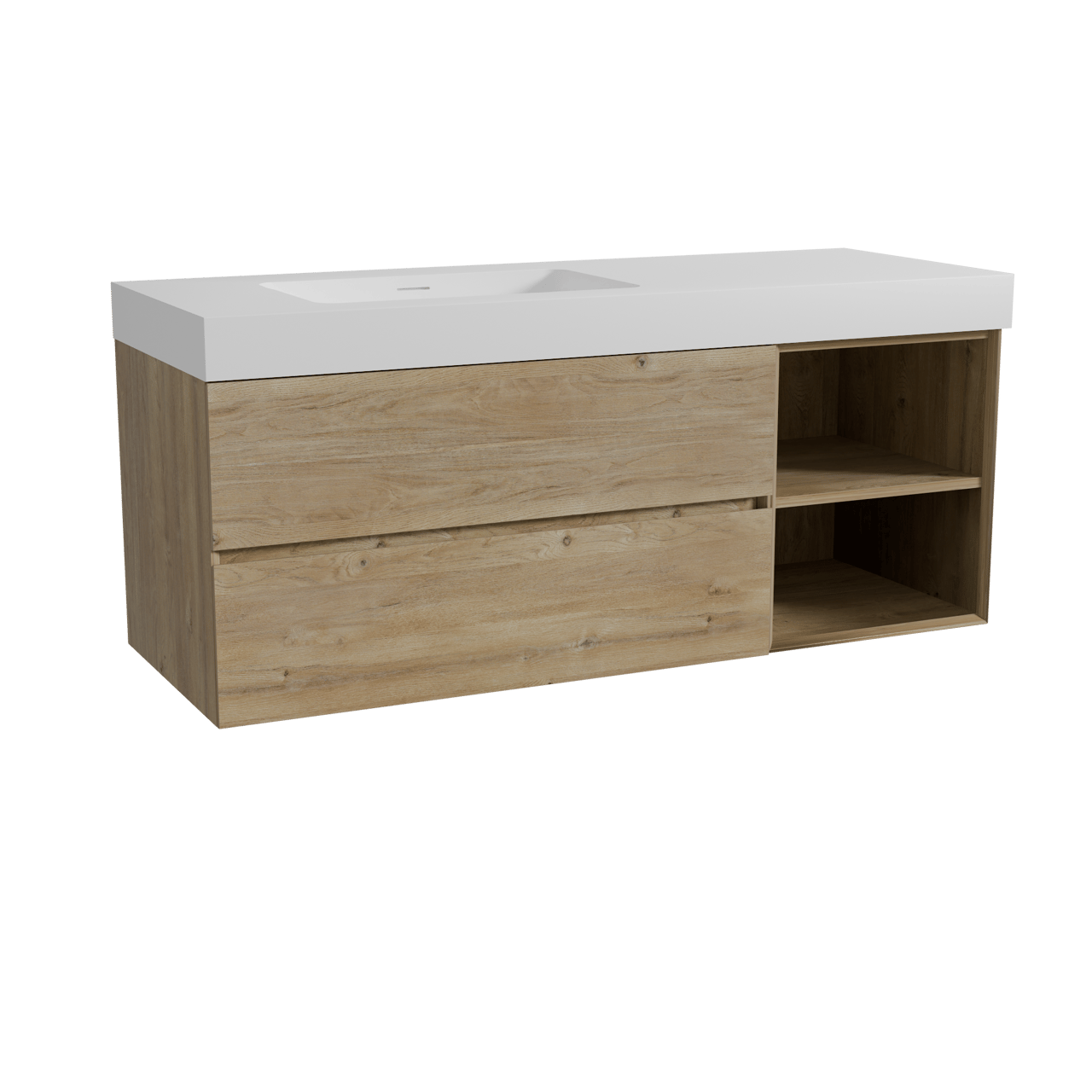 Storke Edge zwevend badmeubel 140 x 52 cm ruw eiken met Mata High asymmetrisch linkse wastafel in solid surface mat wit