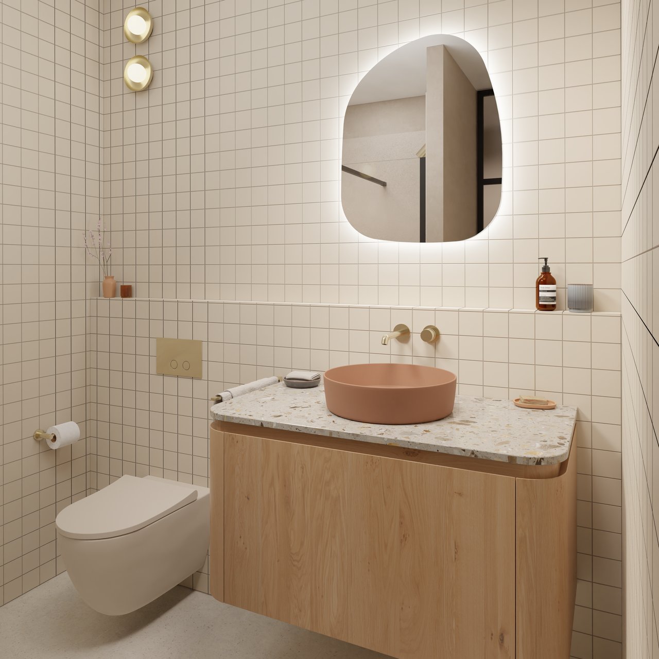 Balmani Moon enkel of dubbel wastafelblad terrazzo greige 100 x 55 cm