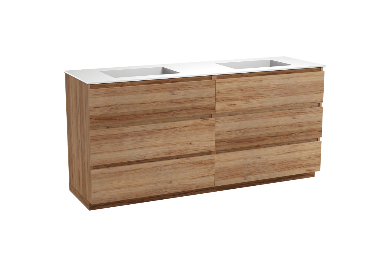 Balmani Lucida freistehendes Möbelstück Set: 180 x 55 cm, Teak, mit Tablo Stretto Doppelwaschtisch, Solid Surface Weiß matt