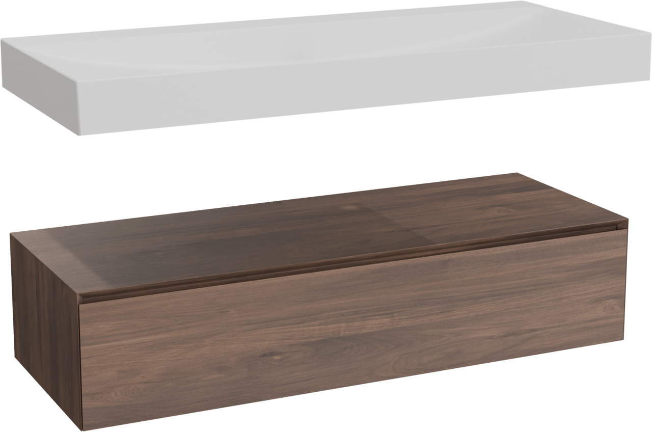 Balmani Mitra Elements hängendes Möbelstück Set: 135 x 55 cm, Amerikanischer Nussbaum mit Wave Einzelwaschtisch für 2 Armaturenlöcher, Solid Surface Weiß matt