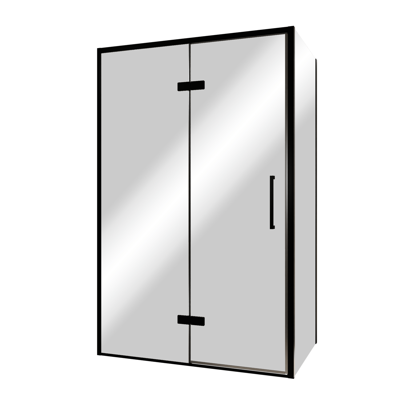 Balmani Senses Design douchehoek met linkse draaideur en vaste zijwand, 120 x 100 cm, Reflex spiegelglas, Zwarte profielen, met coating