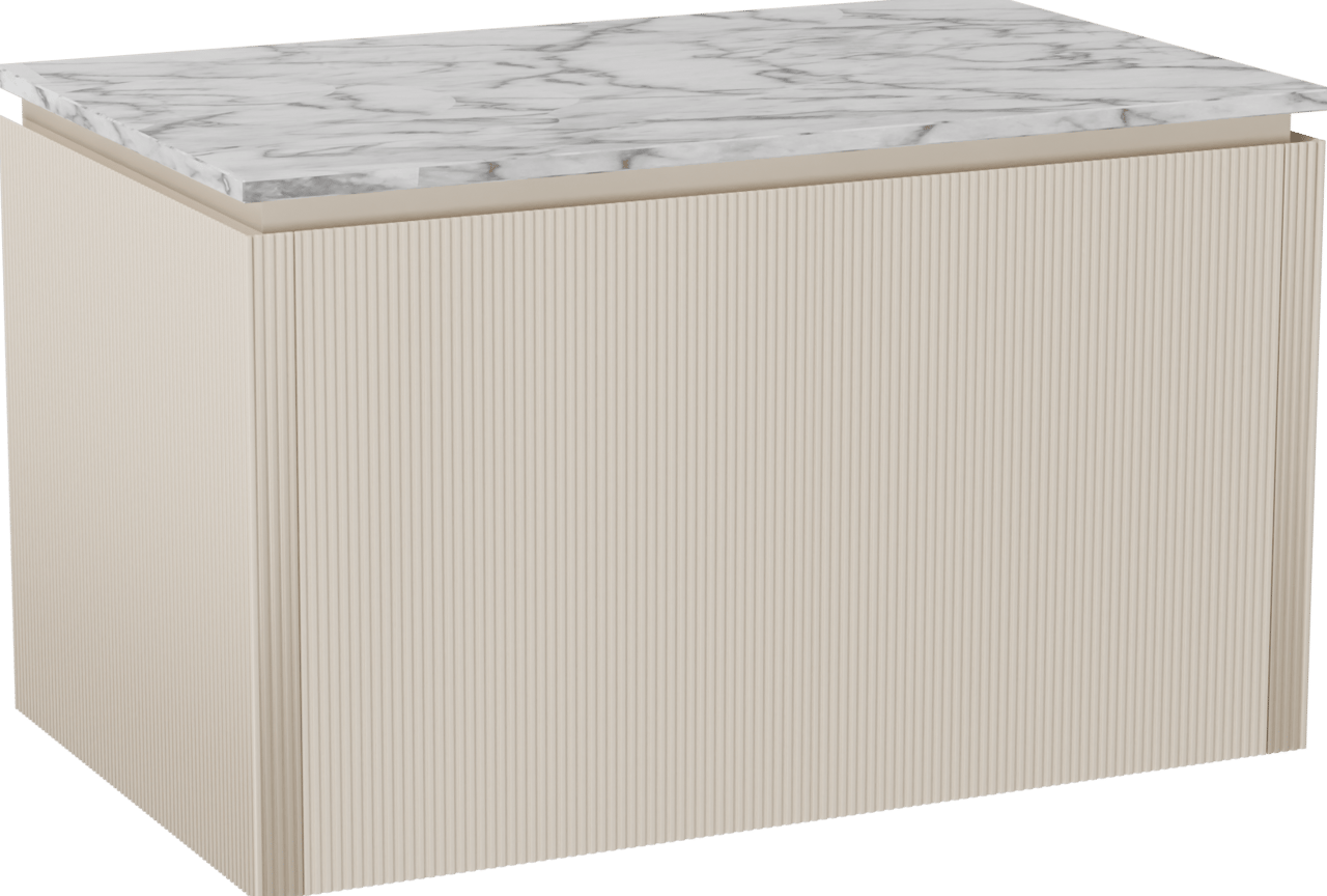 Balmani Eclips zwevend badkamermeubel 90 x 55 cm Sandbeige met Stretto enkel tablet in Carrara marmer, Verticale symmetrische rechte ribbel