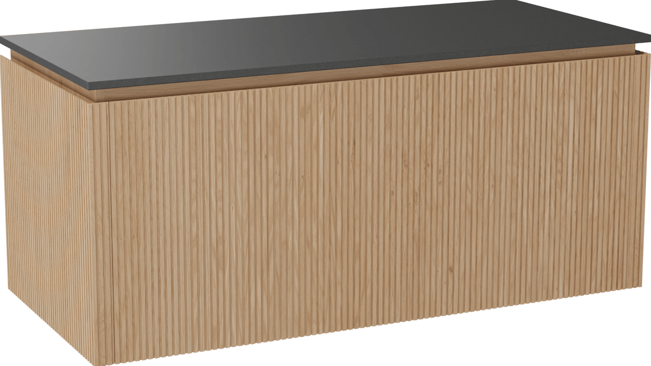 Balmani Eclips meuble salle de bains suspendu 120 x 55 cm Chêne naturelle avec Stretto tablette simple en Granit noir, Nervure droite symétrique verticale