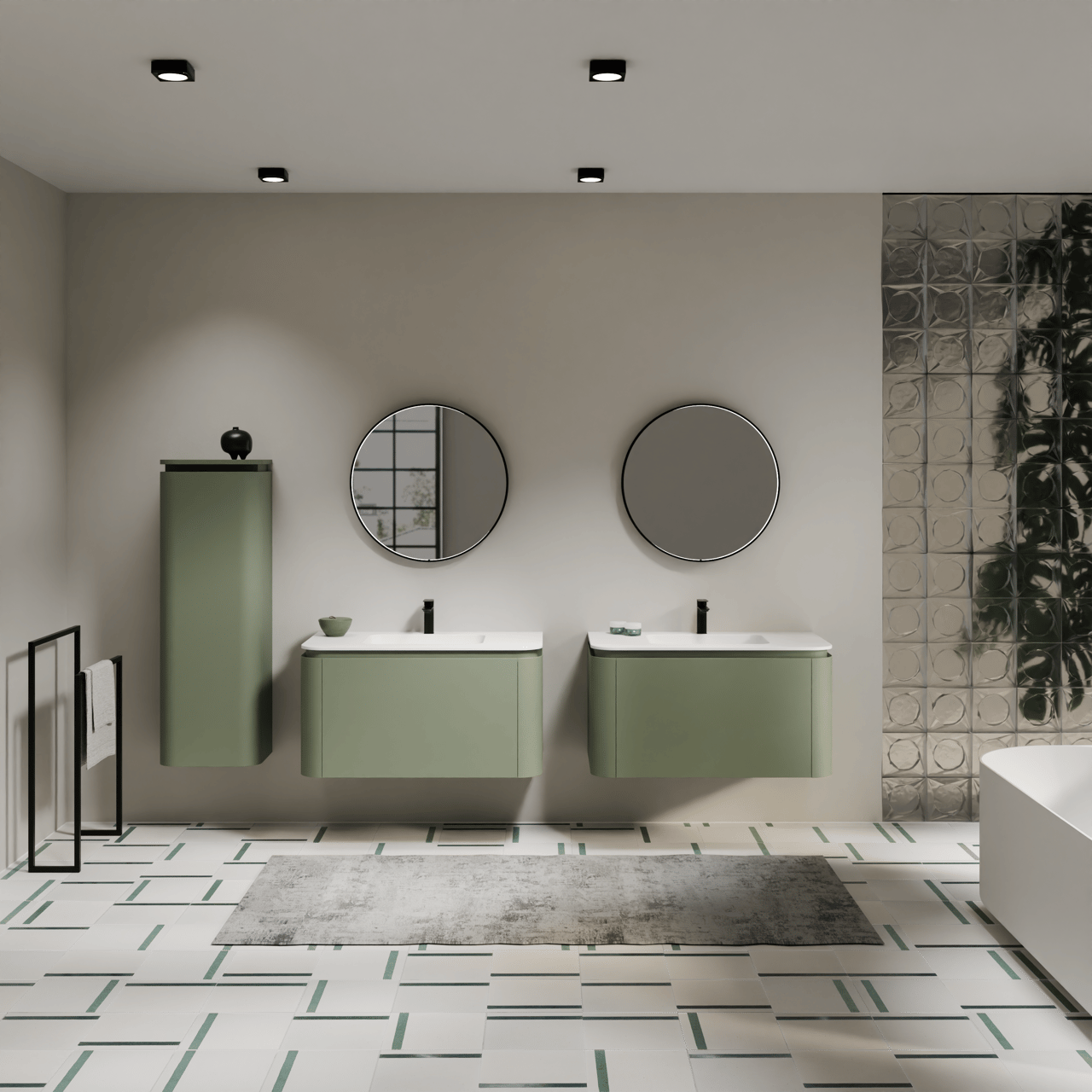 Balmani Moon hängendes Möbelstück Set: 100 x 55 cm, SalbeigrÃ¼n, mit Moon Einzelwaschtisch, Solid Surface Weiß matt