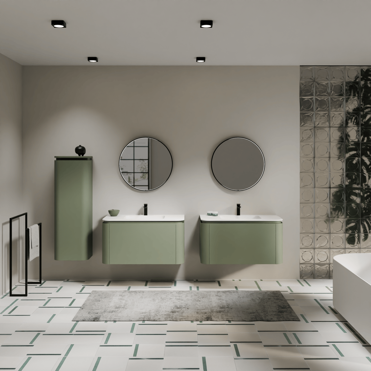 Balmani Moon hängendes Möbelstück Set: 100 x 55 cm, Salbeigrün, mit Moon Einzelwaschtisch, Solid Surface Weiß matt