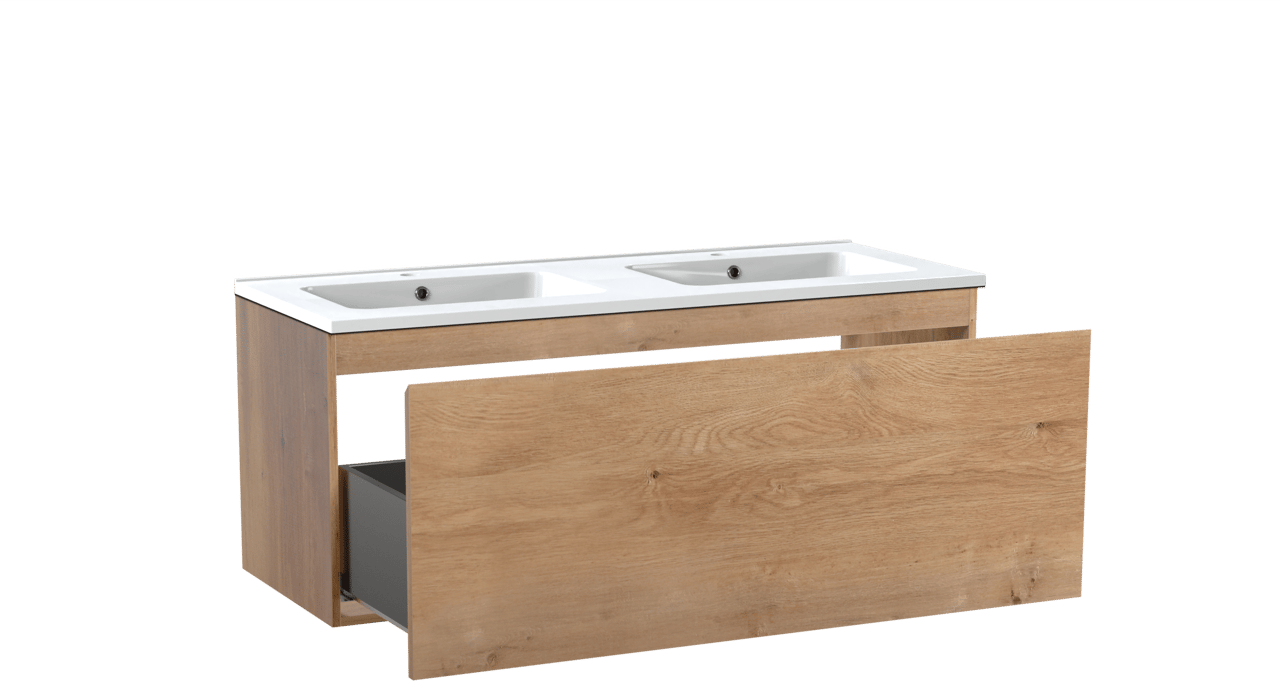 Linie Lado hängendes Möbelstück Set: 120 x 46 cm, Naturbelassene Eiche, mit Vano Doppelwaschtisch, Marmorkomposit Weiß glänzend