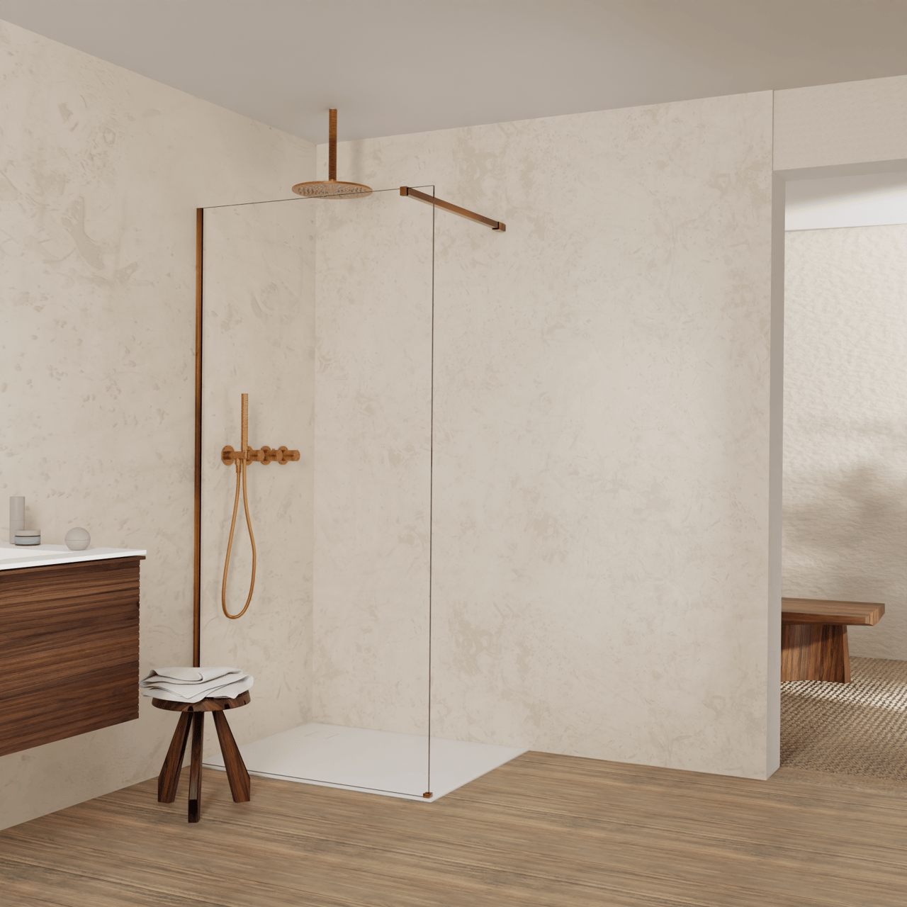 Balmani Modular douche à l'italienne: 100 x 200 cm, Verre extra transparent, avec coating, Profil Brushed Rosegold