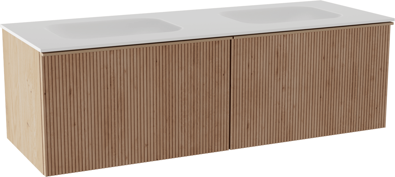 Balmani Forma meuble salle de bains suspendu 150 x 55 cm chêne naturel avec Tablo Arcato double vasque en solid surface blanc mat, Nervure droite symétrique verticale