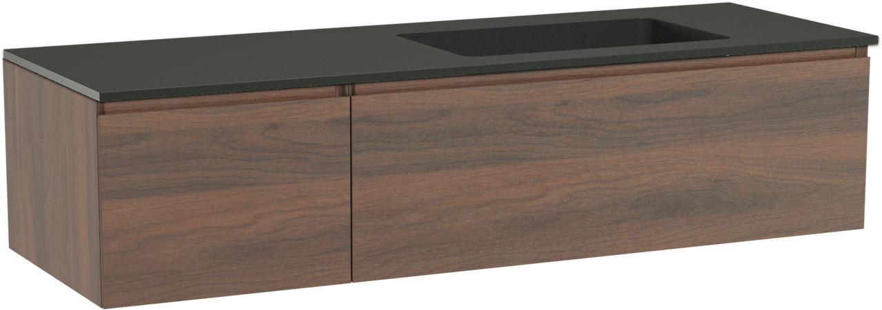 Storke Edge meuble salle de bains suspendu 150 x 52 cm noyer avec Scuro plan vasque asymétrique à droite en quartz noir mat