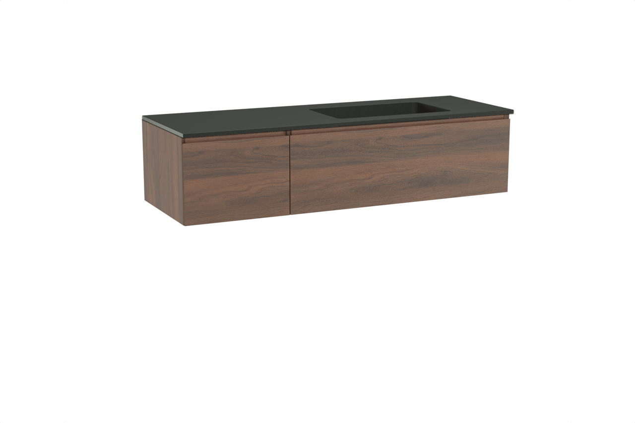 Storke Edge meuble salle de bains suspendu 150 x 52 cm noyer avec Scuro plan vasque asymétrique à droite en quartz noir mat