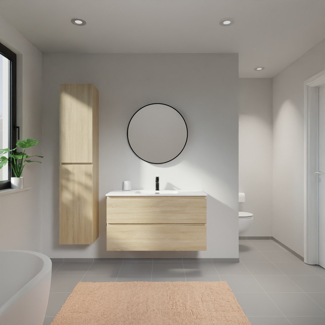 Linie Lado zwevend badmeubel 100 x 46 cm wit eiken met Baro enkele wastafel in porselein hoogglans wit