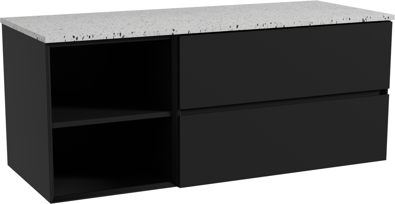 Storke Edge hängendes Möbelstück Set: 130 x 52 cm, Schwarz matt, mit Tavola Einzel- oder Doppel Waschtischplatte, Terrazzo in Weiß/Schwarz matt